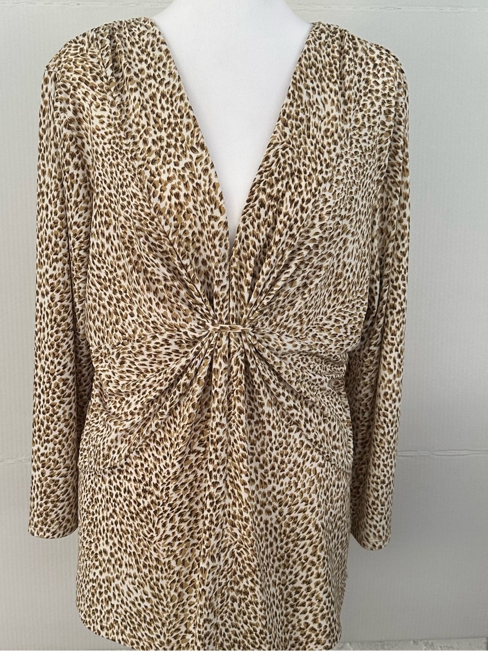Chaus Beige and Brown Leopard-Print Twist-Front Long Sleeve Top